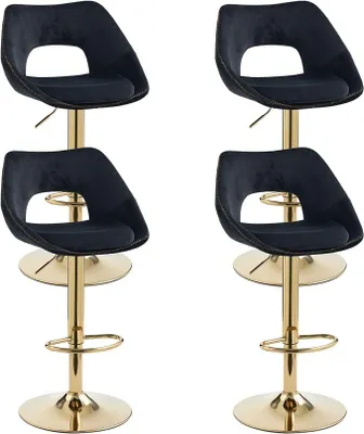Produktbild von Barhocker 4er Set, Barstühle höhenverstellbar, Küchenhocker 360° drehbar, Tresenhocker mit Rückenlehne, goldene Fußstütze, Samt, Schwarz