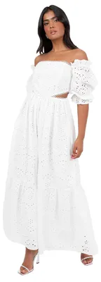 Produktbild von Maya Deluxe Women's Midaxi Dress Ladies Off Shoulder Bardot Broderie Anglaise Cu