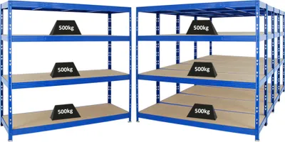 Produktbild von Mega Deal | 5x Profi Schwerlastregal Rhino | HxBxT 180x200x60cm | 4 Spanplatten-Ebenen 8mm | Fachlast 500kg | Blau