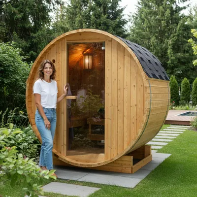 Zdjęcie produktu dla Zewnętrzna sauna beczkowa WELCON Easyheat - sauna ogrodowa dla dwóch osób