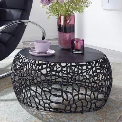 Produktbild von FineBuy Couchtisch Rund 66cm aus Aluminium & Metall Schwarz, Design Wohnzimmertisch mit organischer AST-Struktur, Moderner Sofatisch, Beistelltisch