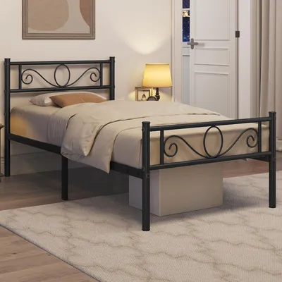 Produktbild von Bettgestell 90 x 200 cm - Metallbett mit Lattenrost - Einzelbett/Doppelbett - Gästebett mit Kopfteil - Schwarz