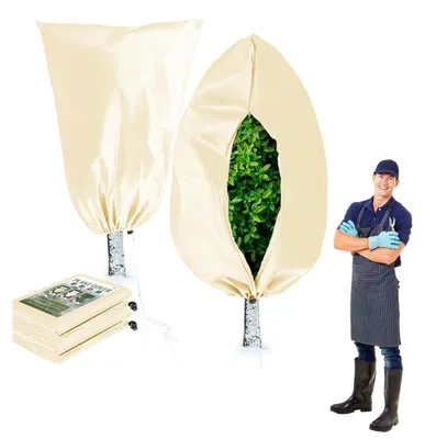Zdjęcie produktu dla Zabezpieczenie roślin na zimę, 2 sztuki, 80x120 cm, ochrona przed mrozem, osłona z zamkiem błyskawicznym i sznurkiem ściągającym, kolor beżowy