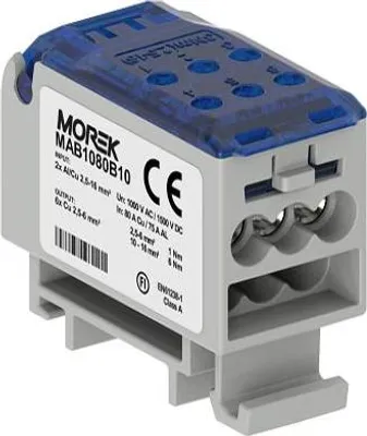 Produktbild von Verteilerblock blau 2x 2,5-16mm Aus: 6x 2,5-6mm 1000VAC/1500VDC Morek MAB1080B10