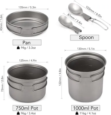 Produktbild von Camping Titan Kochgeschirr Set 1000 ml 750 ml Topf Pfanne Löffel für Outdoor Wandern Rucksackreisen Picknick Kochausrüstung