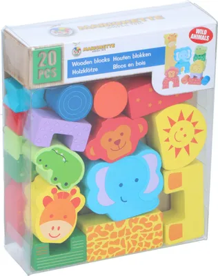 Produktbild von 20 bunte Bausteine ausHolz mit Wildtieren Affe Giraffe Krokodil Elefant