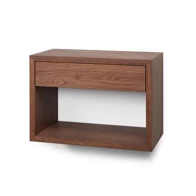 Produktbild von Nachttisch HUGO, minimalistische Nachtkommode in modernem Design, Ablagetisch aus Eiche mit walnussfarbener Oberfläche, schwebendes Wandregal