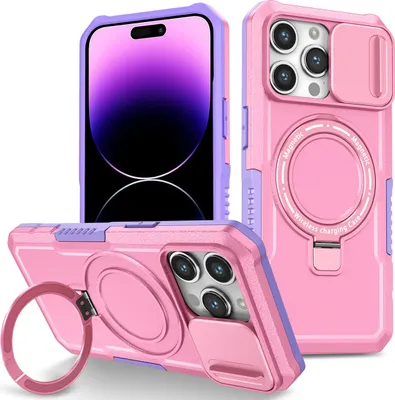 Produktbild von Handyhülle für iPhone 14 Pro Kompatibel mit MagSafe, Robuste Hülle mit Schiebe Kamera Schutz, Magnetischer Ringständer Pink