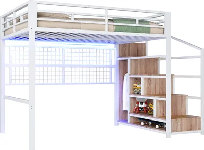Produktbild von Hochbett mit RGB LED-Streifen, Rausfallschutz, 140x200cm, Treppe mit Regal und Kleiderschrank, Kinderbett, Metallbett