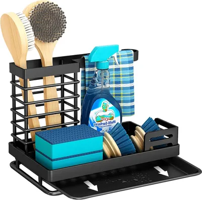 Produktbild von Spülbecken Organizer Spülbecken Caddy Organizer Edelstahl Küchen Organizer Waschbecken Spülbecken Organizer mit Abflusspfanne für Küche Schwamm Organizer, schwarz