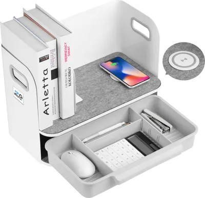 Produktbild von Schreibtisch-Organizer mit kabelloser Qi Aufladung, Schublade und Buchstütze Organizer für Büroutensilien Qi Ladestation Büro-Organizer Büroablage bis 10kg Weiß