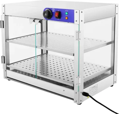 Produktbild von Warmhaltevitrine für Speisen - Tischmodell - 2 Ebenen - 800 W - 30–85 °C Thermostat - Gehärtetes Glas & 201 Edelstahl - 220 V - Warmes LED 25 W - Silber