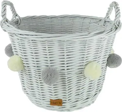 Obrázok produktu pre WikliBOX - Okrúhly košík na hračky, biely s pomponmi - 41/29x37H