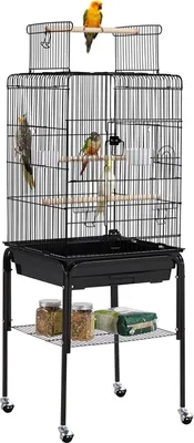 Produktbild von Yaheetech Vögelkäfig für Wellensittich Kanarien Papageien, Vogelbauer mit Ständer & Spielzeug & Stauraum, 46,5 x 46,5 x 136 cm, Schwarz