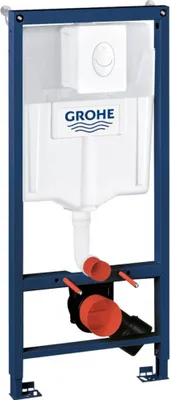 A wall-mounted toilet cistern frame with a flush plate and plumbing connections.