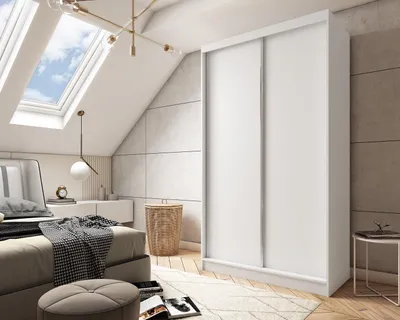 Obrázek produktu pro Moderní Šatní Skříň Bílá s Posuvnými Dveřmi 120 150 180 200 cm - Bílá Matná Šatní Skříň do Ložnice s Posuvnými Dveřmi - Šatní Tyč  - 150 cm - Bílá