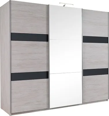 Produktbild von Furmeb24 - DENVER 3-triger Schwebeschrank mit Spiegel, Kleiderschrank (Eiche wei / Graphit gl€nzend+Spiegel) - Inclusive LED