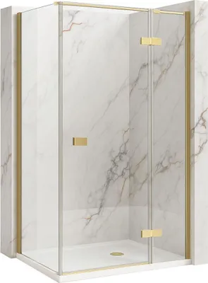 A modern shower cabin with a marble-effect background.