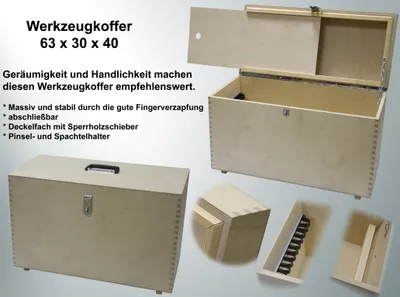 Produktbild von Kühnel Werkzeugkoffer für Maler, Tapezierer und Holzbearbeitung, 65x32x42 cm, geräumig, handlich, massiv, stabil, Fingerverzapfung, abschließbar, Pinsel- und Spachtelhalter, Deckelfach mit Sperrholzschieber