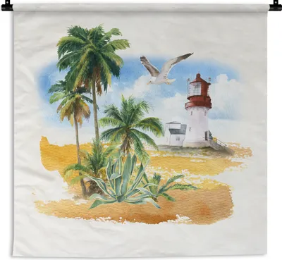 Produktbild von MuchoWow® Wandteppich Wandbehang Leuchtturm - Palme - Vogel - Strand 150x150 cm Tapisserie Dekoration Wandtuch - Wohnaccessoires - Modernes