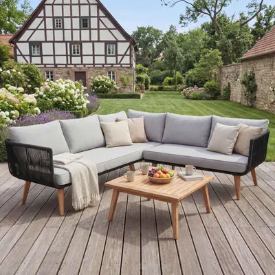 Produktbild von Garten-Garnitur MCW-L30, Garnitur Sitzgruppe Lounge-Set Sofa, Akazie Holz MVG-  Polster hellgrau