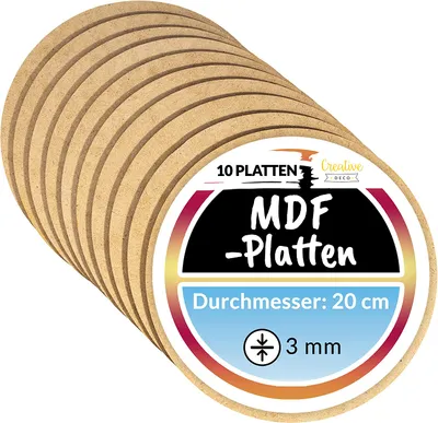 Obrázek produktu pro Creative Deco 10 MDF Kulatých Desek | 20 cm x 20 cm x 0,3 cm | Tenké Dřevěné Desky | Ideální pro Laser, CNC Router, Modelování, Obrábění, Frézování