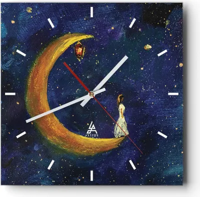 Produktbild von Wanduhr - Quadrat - Glasuhr - Mädchen auf der Mond - 40x40cm - Schleichendes Uhrwerk - Lautlos - zum Aufhängen bereit - Dekoration Modern - Wanddekoration aus Glas - C3AC40x40-4575