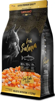 A bag of Leonardo cat food with fresh salmon.