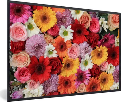 Produktbild von MuchoWow® Gerahmtes Poster Blumen - Farben - Gerbera - Rosen 90x60 cm - Poster mit Schwarzem Bilderrahmen Wandposter Rahmen Foto Bilder - Fotorahmen - Foto-Plakat