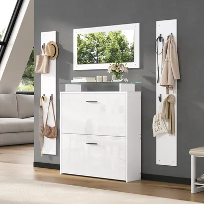 Image de OKWISH Vestiaire d’Entrée Blanc avec Miroir, Porte-Manteau Mural, 3 Portes et 8 Crochets, Design Moderne en Panneau de Particules - 140x23,5 cm