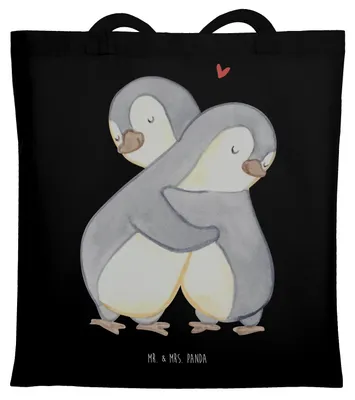 Produktbild von Mr. & Mrs. Panda Tote Bag Pinguine Kuscheln - Schwarz - Geschenk, Jahrestag, Freundin, Hochzeitstag, Freund, Einkaufstasche, Valentinstag, Tasche, festival, Laptoptasche