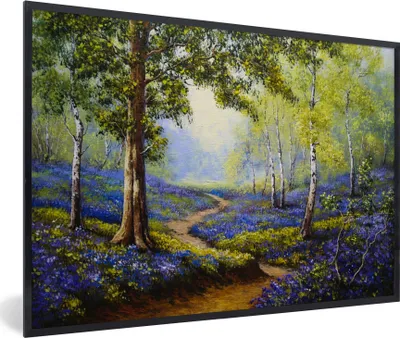 Produktbild von MuchoWow® Gerahmtes Poster Gemälde - Natur - Wald - Blumen - Ölfarbe 90x60 cm - Poster mit Schwarzem Bilderrahmen Wandposter Rahmen Foto Bilder - Fotorahmen - Foto-Plakat