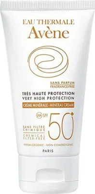 A white tube of Avène sunscreen with gold text and branding.