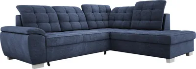 A blue sectional sofa shown from a front-side angle against a white background.