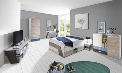Produktbild von Jugendzimmer Komplett Set mit Bett 140x200 cm mit Kleiderschrank LEEDS-10 in Sandeiche Nb. mit weiß, Lava und Denim Blau