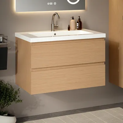 Image de Mirlux Ensemble de meubles de salle de bains Chêne clair 80 cm - Lavabo blanc - Ensemble de meubles de salle de bains - Meuble sous-lavabo Chêne clair