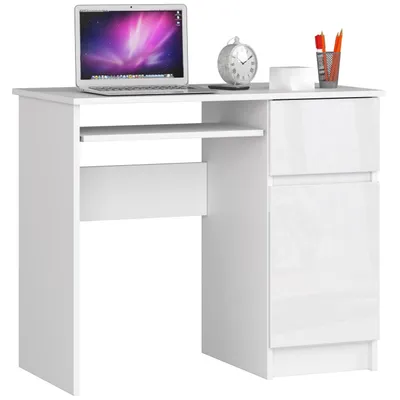 Produktbild von Computerschreibtisch – Schreibtisch – Bürotisch – Büroschreibtisch – PIKSEL – 90 cm – Weiß / Hochglanz – Computertisch mit Schublade und Tür rechts