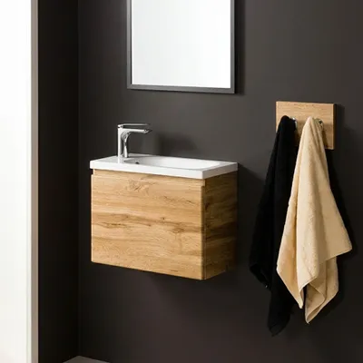 Produktbild von Quentis Badmöbel Gäste-WC FAROS, Breite 50 cm, Eiche Natur, Waschbeckenunterschrank montiert