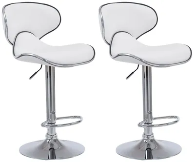 Two white bar stools with chrome accents and bases, presented against a white background.