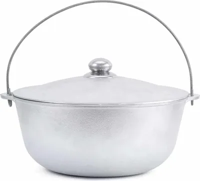 A silver camping pot with a lid and a wire handle, isolated on a white background.