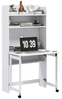 Image de Bureau informatique avec šŠtagššres de rangement plateau rabattable 2 roulettes pour chambre salon 80 x 69 x 155 cm blanc
