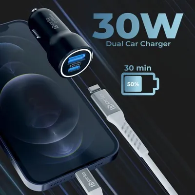 Produktbild von prio Fast Charge Autoladegerät 30W PD (USB C) + 30W (USB A) schwarz