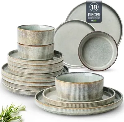 Produktbild von PromoHome® 18-teiliges Geschirrset für 6 Personen – Steingut, spülmaschinenfest, mikrowellengeeignet, Grün