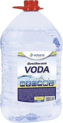A large plastic bottle of distilled water with a red cap and a label.