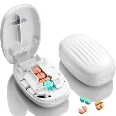 Produktbild von Pillenteiler 1/2 & 1/4, kompakter Tablettenteiler mit Edelstahl Klinge, Medikamentenschneider mit Aufbewahrung für Vitamine & kleine Tabletten
