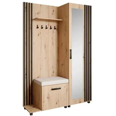 Produktbild von Garderoben-Set LIVIA Links Eiche Artisan – Garderobenschrank mit Spiegel, Schuhschrank mit mit hellbeigem Sitzkissen, Lamellen in Schwarz, Hochschrank