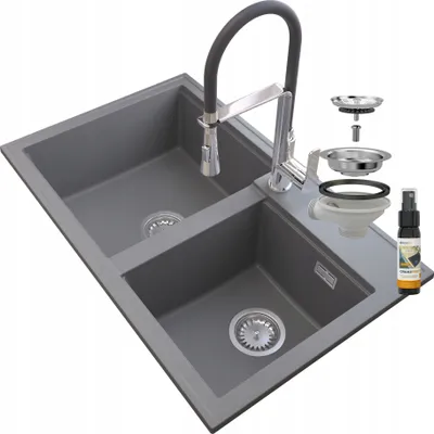 Immagine prodotto di Granitan | Lavello in granito HEKTOR - Grigio - 2 scomparti - Design moderno - Rubinetto e sifone inclusi