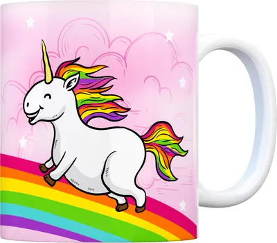 Produktbild von Kaffeebecher mit Einhorn Motiv und Spruch: Nur Verrückte hier! Komm, wir ...