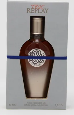 A perfume bottle in its packaging, held by a blue elastic band.