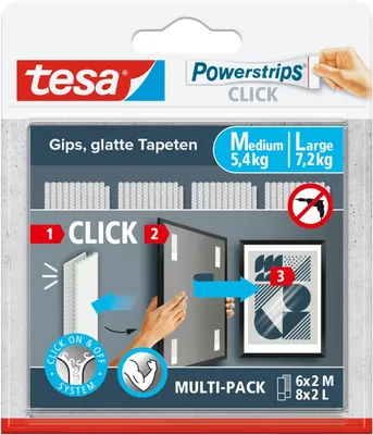 Produktbild von TESA Powerstrips CLICK M + L, Montagepad, Weiß, Drinnen, 7,2 kg